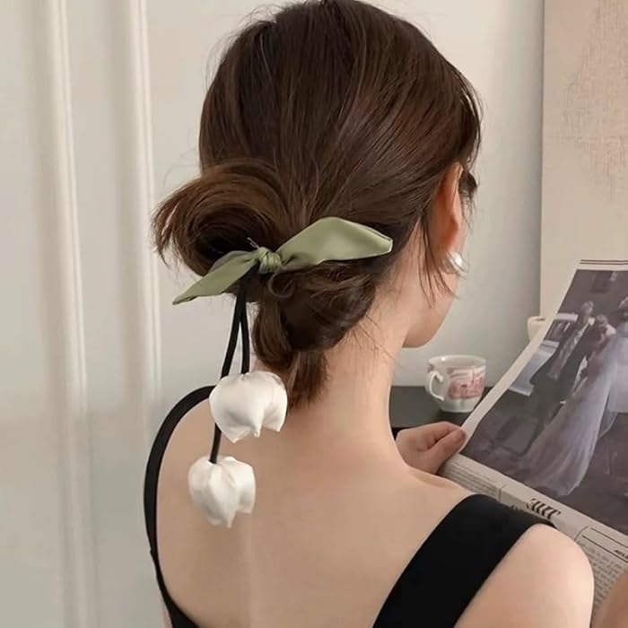 TUCEWP Flower Hair Ties for Women Girls Tassel Ribbon Tulip Elastic Hair Band for Thick Hair White Elegant Floral Hair Scrunchies Soft Cute Stretchy Hair Rope Ponytail Holders Sweet Hair Accessories - Image 1